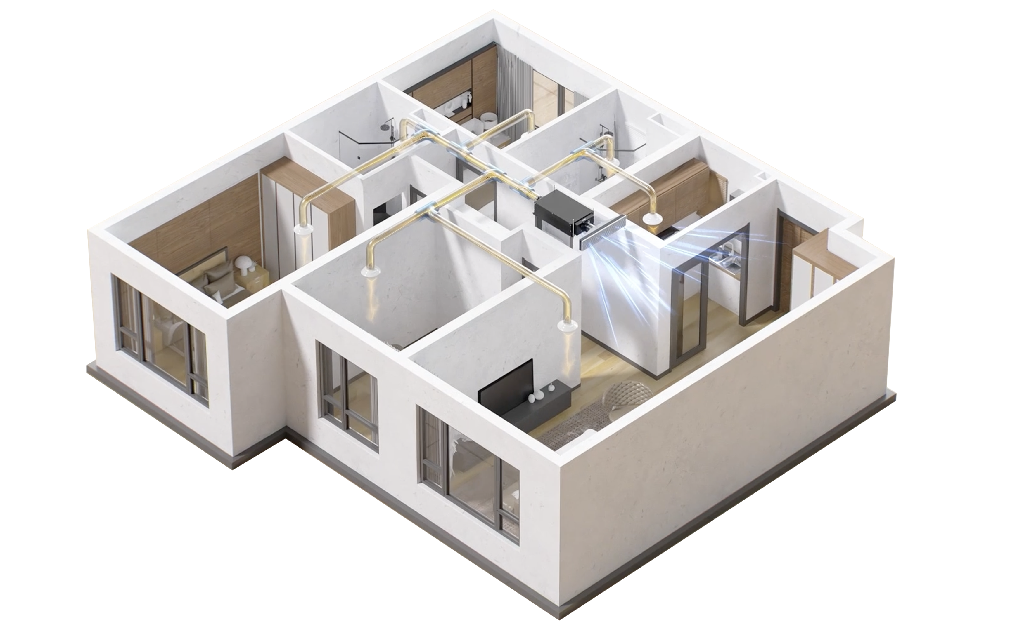 Ceiling dehumidifier whole-house ducting system